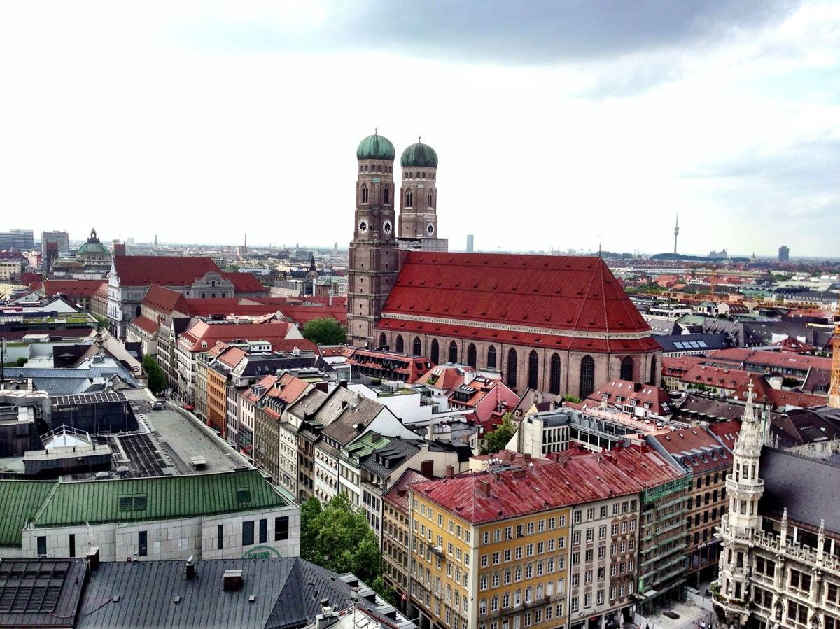 The Frauenkirche's twin onion domes, seen from the top of St. Peter's tower.